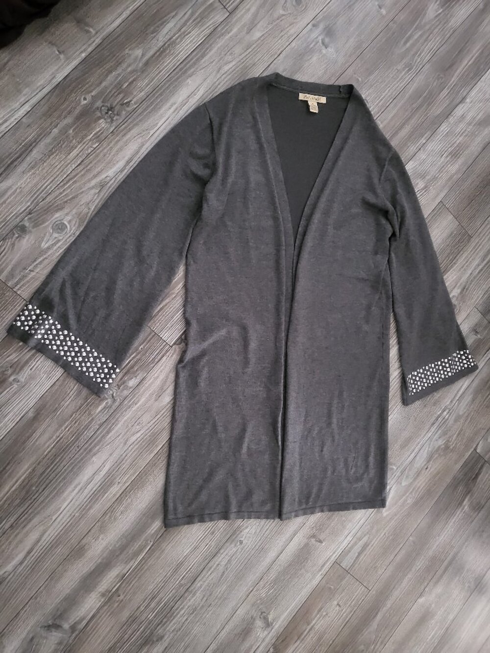 Gray Open Front Cardigan Studded Cuffs Duster Sweater XL - Picture 3 of 6